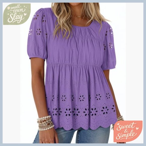 Loose Fit Babydoll Top Embroidered Eyelet Summer Blouse Short Sleeve - Picture 3 of 5